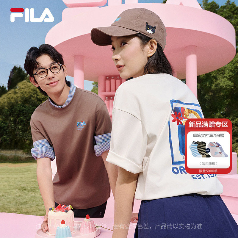 FILA斐乐情侣短袖女2026夏季新款男宽松猫咪卡通刺绣T恤半袖上衣