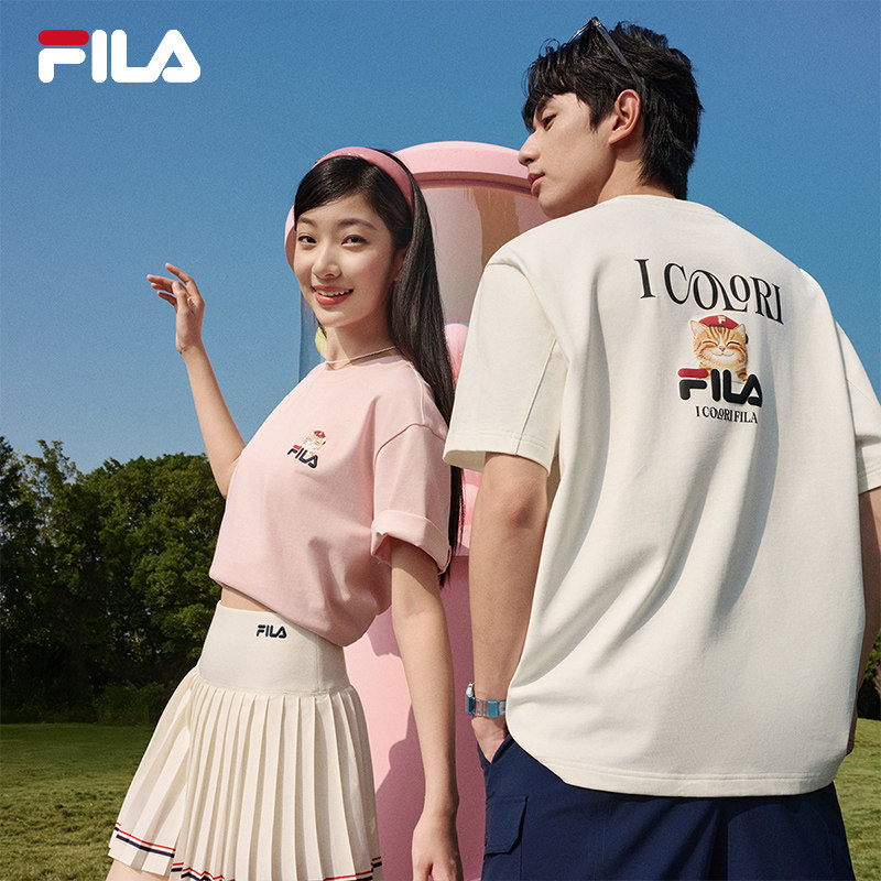 FILA斐乐情侣短袖T恤2026夏新男休闲纯棉重磅卡通猫咪刺绣上衣女