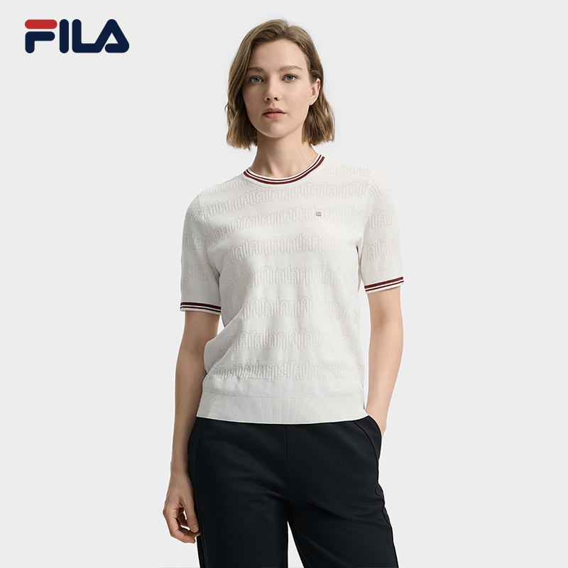 FILA 斐乐官方女子编织衫2025秋季新款时尚休闲简约基础短袖上衣
