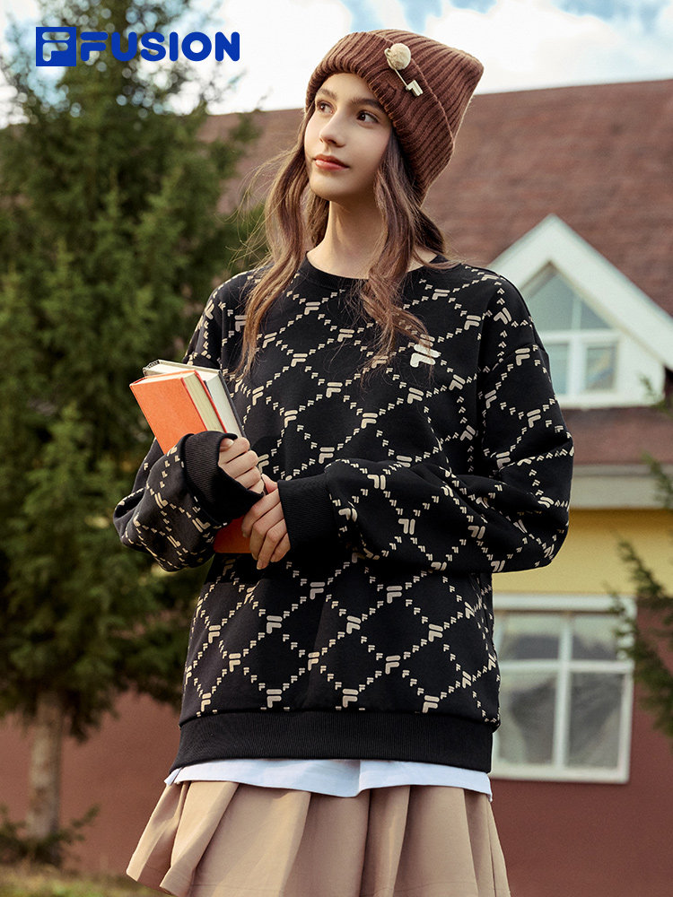 FILA FUSION FILA 트렌디 브랜드 커플 스타일 벨벳 운동복 남성용 2024 가을 여성을위한 새로운 느슨한 라운드 넥 탑