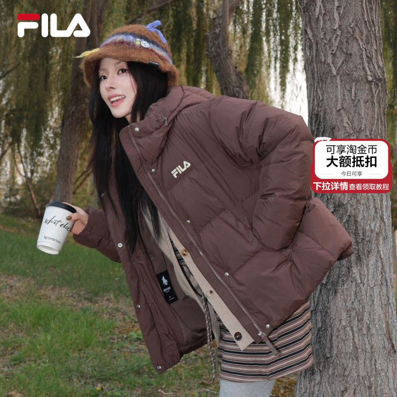 FILA斐乐羽绒服女2025冬新款美拉德风保暖连帽短款外套休闲面包服