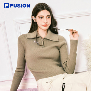 FILA FUSION斐乐潮牌女子编织衫冬款时尚修身半拉链高领毛衣