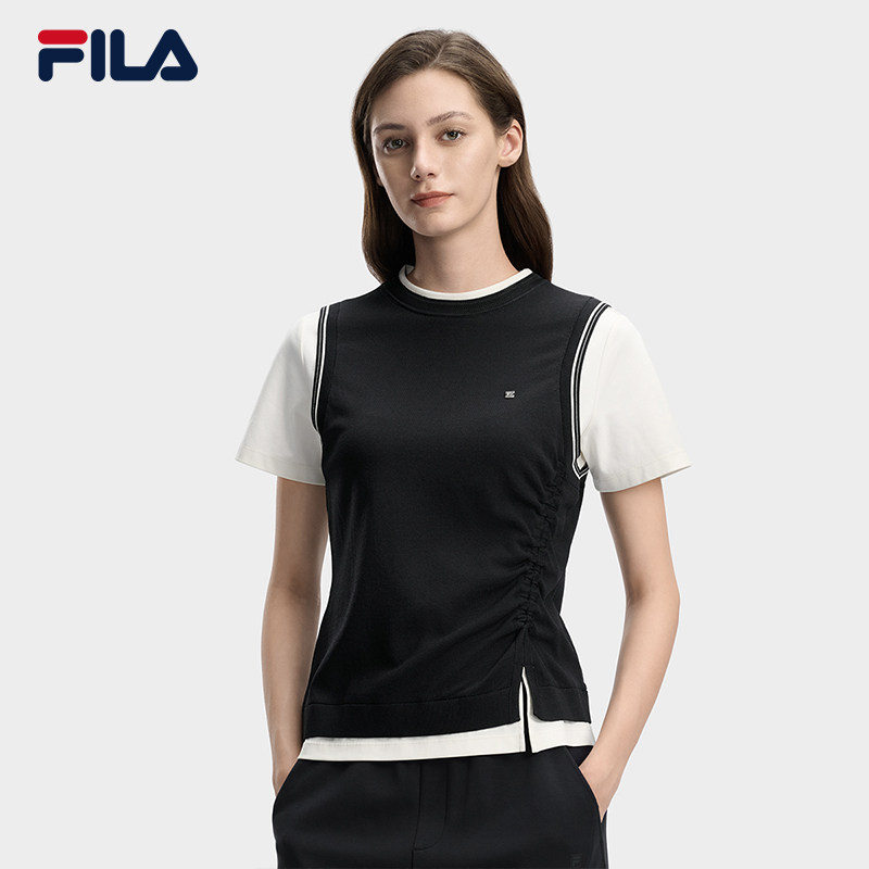 FILA斐乐女子针织短袖衫2026春新款时尚休闲设计感假两件背心