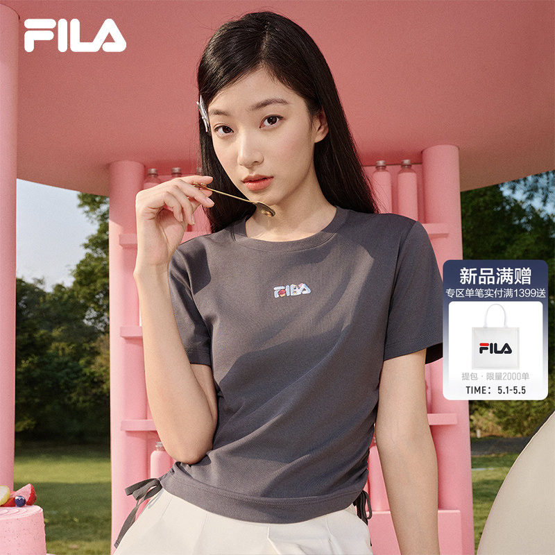 FILA斐乐侧抽绳女子短袖T恤2026夏季新款休闲运动刺绣修身白上衣