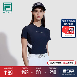 2024夏季 FILA 衫 高尔夫运动拼色V领T恤 斐乐官方女子针织短袖 新款