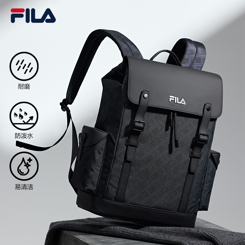 黑武士|FILA 斐乐官方男通勤老花背包新款休闲翻盖背包电脑双肩包