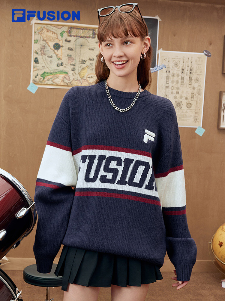 FILA FUSION 휠라 트렌디 브랜드 커플 스타일 니트 스웨터 2024 가을 신작 캐주얼 루즈 스웨터 탑
