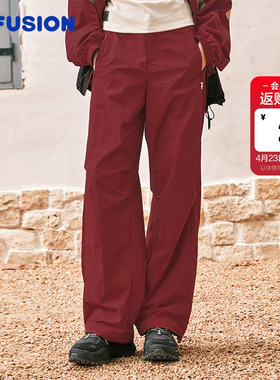 FILA FUSION斐乐潮牌梭织长裤女2026春季新款红色宽松直筒阔腿裤