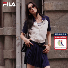 FILA 斐乐官方女士针织短袖外套2025秋新款时尚休闲基础撞色上衣
