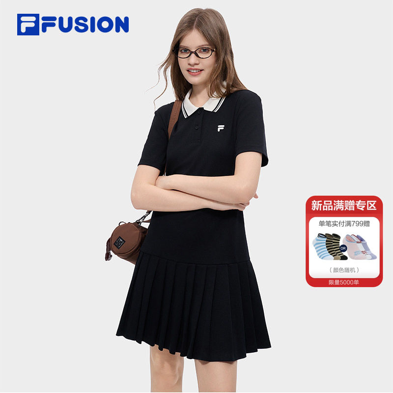 百褶裙|FILA FUSION斐乐潮牌女子针织连衣裙2026夏新款宽松POLO裙