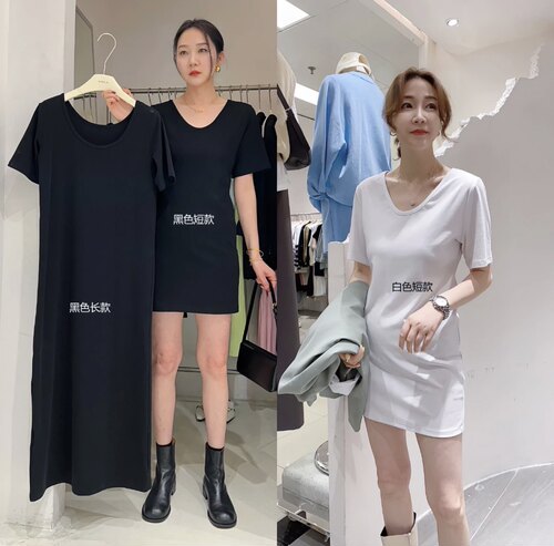 widelia十三行春夏新韩版纯棉修身显瘦打底裙女V领短袖t恤连衣裙