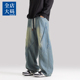 潮流美式 男ins加肥加大宽松百搭长裤 复古做旧水洗大码 直筒牛仔裤