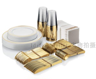 一次性餐具金色硬塑胶西餐餐具派对高脚杯塑料香槟杯金色叉勺30个