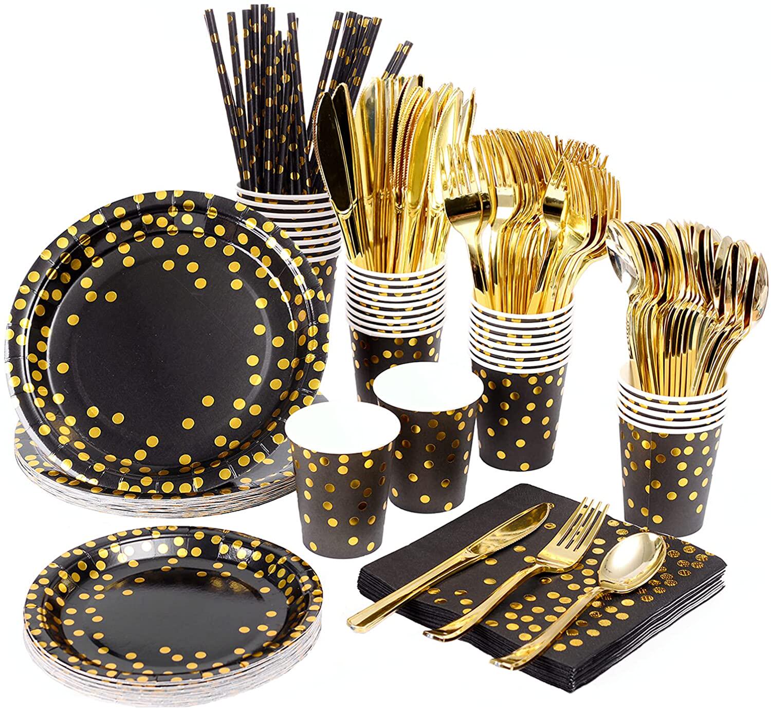 包邮黑色烫金圆点儿童派对用品一次性餐具套装纸盘杯餐巾吸管25人