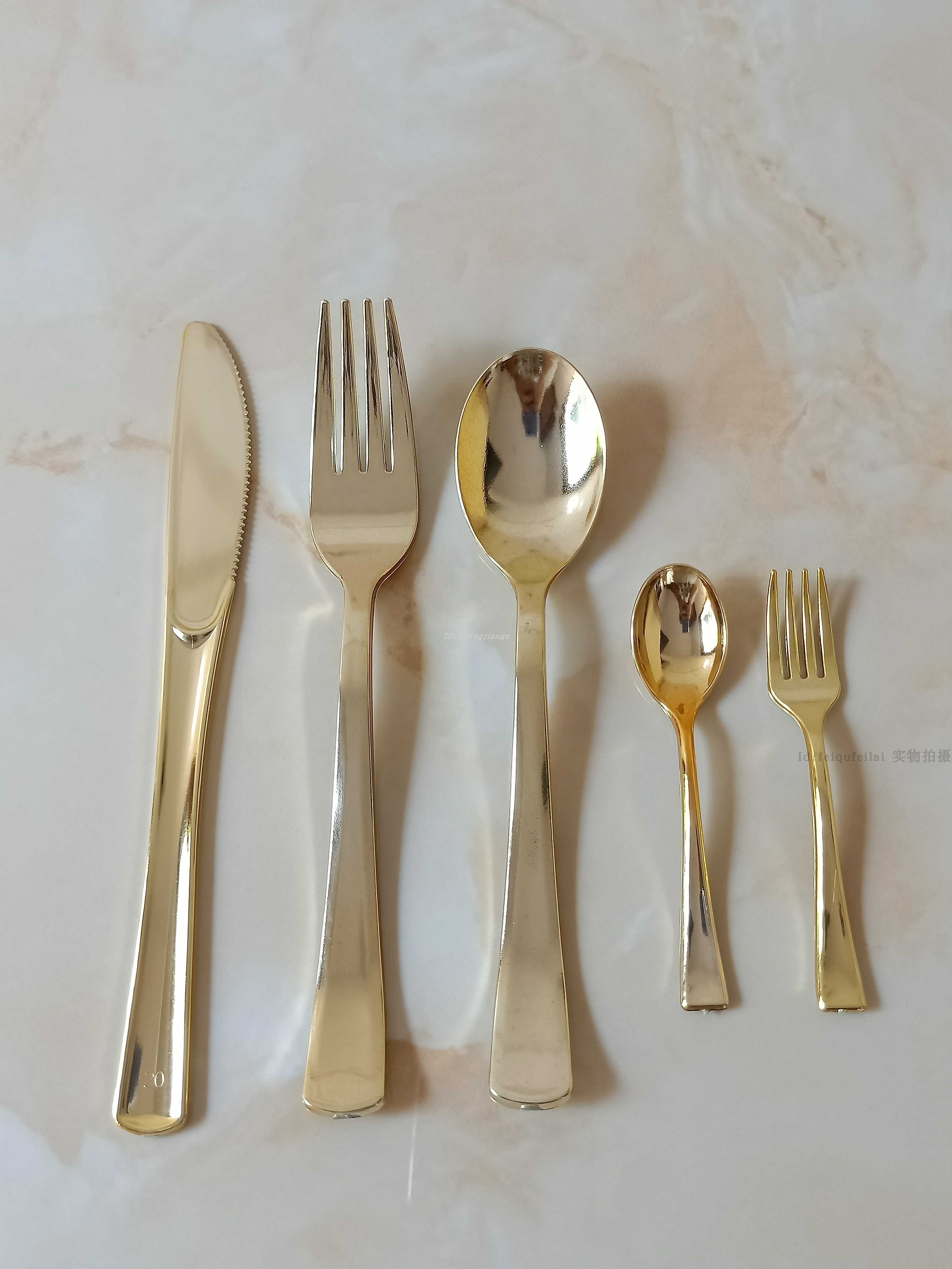 一次性叉子金色电镀银叉子仿不锈钢叉子汤勺月饼刀西餐刀叉勺餐具