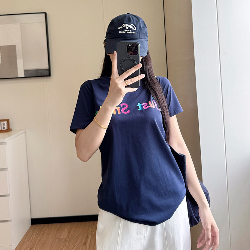 COCO微胖mm夏季短袖T恤女宽松显瘦大码藏青字母印花垂感上衣ins风