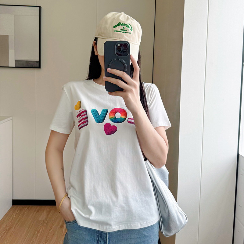 COCO夏季微胖mm短袖女宽松显瘦大码遮肚彩色爱心字母T恤外穿百搭