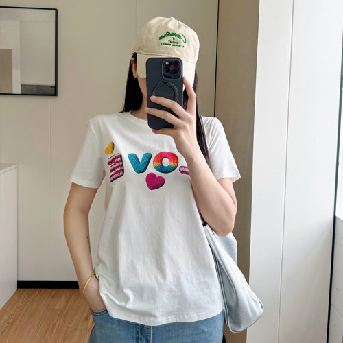 COCO夏季微胖mm短袖女宽松显瘦大码遮肚彩色爱心字母T恤外穿百搭