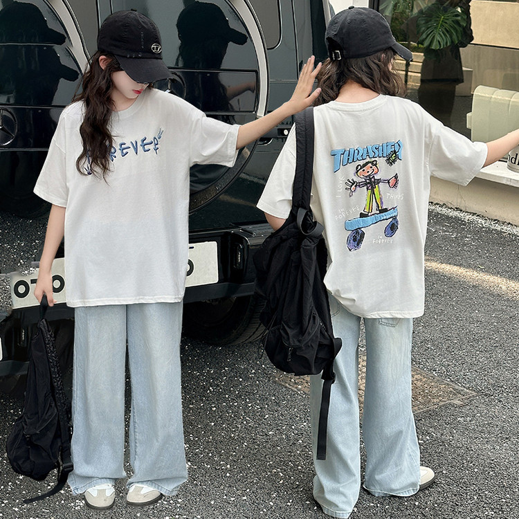 2025新款夏季时尚童装白色体恤牛仔裤男女童百搭休闲潮款