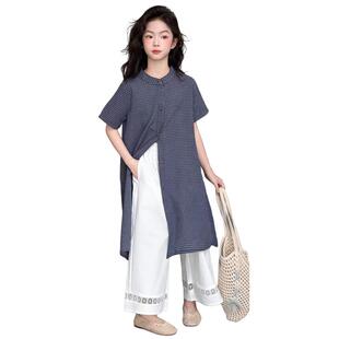 沐汐家 【正码】设计师款文艺风格长款格子棉衬衫两件套 女童