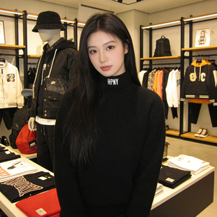 黑色高领毛衣女秋冬慵懒风高级美潮设计感套头针织衫上衣情侣毛衣