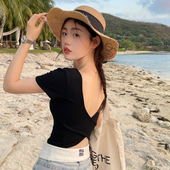 方领短袖 黑色上衣 T恤女春夏好看美背带胸垫露背高级辣妹正肩短款