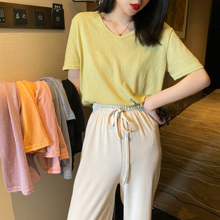 宽松香芋紫色V领纯色棉麻短袖 2025年夏新款 t恤女网红上衣ins超火