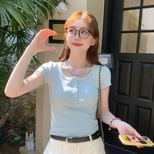 短款 蓝色U领正肩短袖 独特超好看修身 T恤女2025年夏季 打底上衣 新款