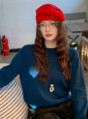 龙妹蓝色羊绒毛衣打底衫女内搭2025冬新款韩系慵懒高级感针织上衣