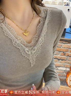 V领蕾丝灰色加绒打底衫女内搭2025冬新款绝美修身黑白保暖T恤上衣