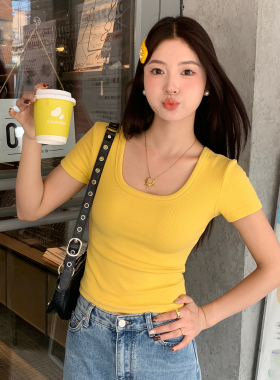 龙妹家黄色U领短袖T恤女外穿内搭2026春夏新款修身绝美打底小上衣