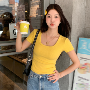 龙妹家黄色U领短袖T恤女外穿内搭2026春夏新款修身绝美打底小上衣
