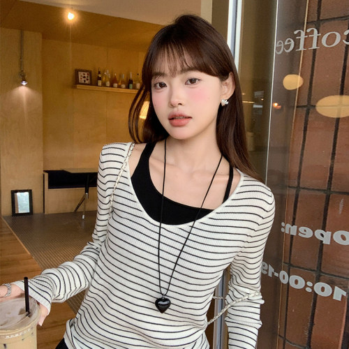 黑白条纹长袖T恤绝美上衣女