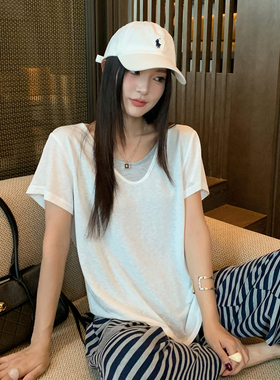 龙妹白色V领莱赛尔假两件短袖T恤女夏2026新款宽松显瘦凉感小上衣