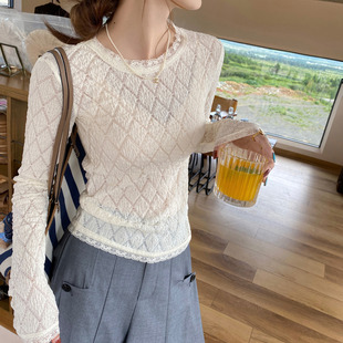 圆领毛衣设计感针织上衣 白色蕾丝长袖 打底衫 女装 内搭2025早秋新款