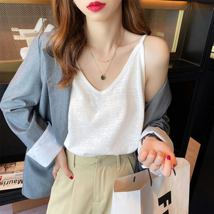 寬松遮肚子棉麻上衣打底外穿小背心 白色V領(lǐng)吊帶女內(nèi)搭2025夏新款