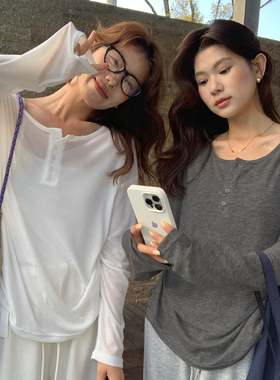 龙妹灰色圆领宽松长袖T恤女2026春夏新款大码防晒罩衫慵懒风上衣