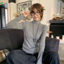 龙妹灰色波点加绒毛衣打底衫女内搭保暖新款冬季半高领木耳边上衣