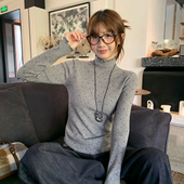 半高领木耳边上衣 冬季 龙妹灰色波点加绒毛衣打底衫 女内搭保暖新款