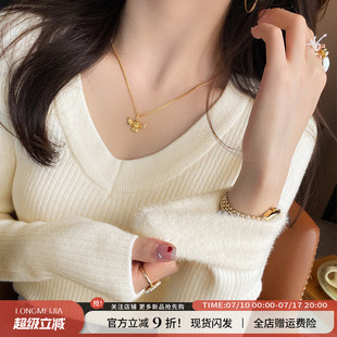 白色加绒加厚V领打底衫女2026春秋季新款毛衣内搭高级感针织上衣