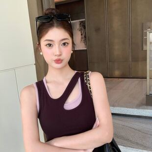 龙妹紫色假两件吊带带胸垫背心女外穿内搭2026春夏新款打底小上衣