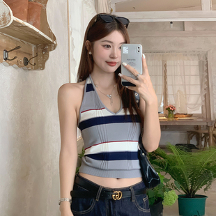 龙妹家灰色针织挂脖背心女夏外穿新款美式吊带打底内搭无袖小上衣