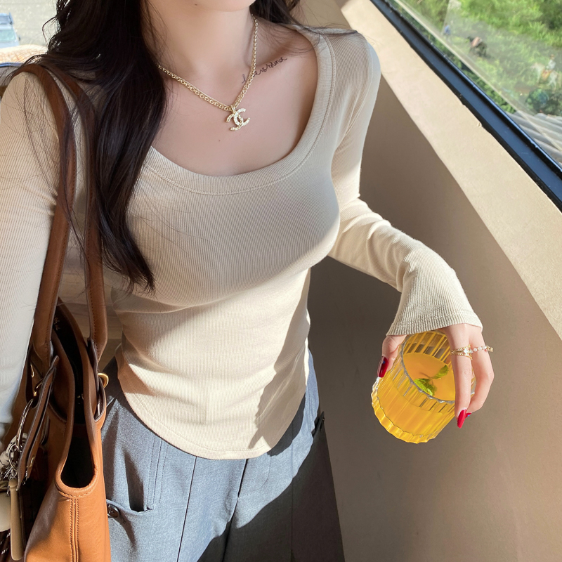 纯色休闲不规则下摆长袖T恤女