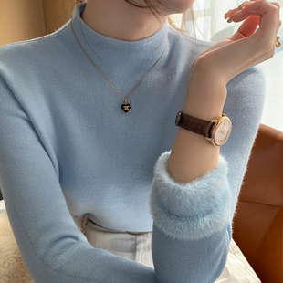 蓝色加绒半高领打底衫 中领毛衣保暖针织上衣 女秋冬内搭2025年新款