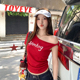 龙妹美式 露肩红色上衣 纯欲辣妹修身 印花斜肩短袖 T恤女2026春夏款