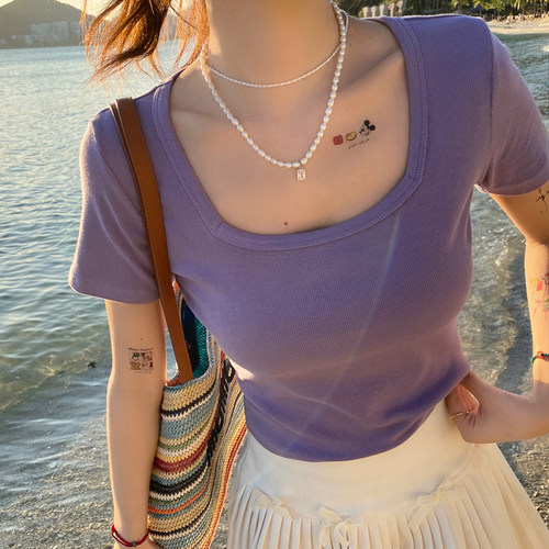 修身短款正肩纯色短袖女