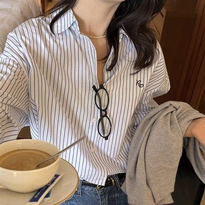 条纹长袖衬衫女宽松刺绣