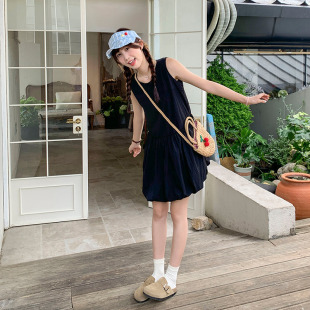 吊带连衣裙女2025夏新款 龙妹家黑色无袖 海边度假绝美花苞蓬蓬裙子