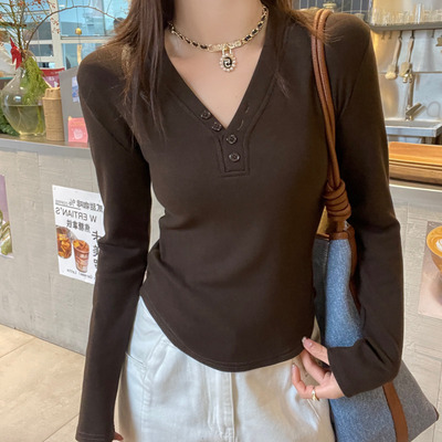 设计感V领长袖t恤女修身