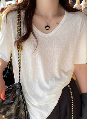 白色短袖t恤女装v领2025夏季新款宽松竹节棉麻半袖冰丝薄款小上衣
